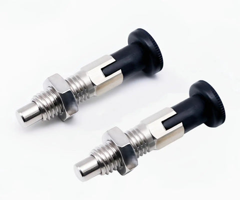 2PCS Rock Solid Push Fit Ball Nose Spring Plungers, M10x1.5 Stainless Steel Retractable Index Plunger With Self-Locking Knob close-up view.