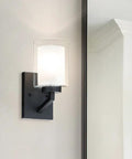 Brushed Nickel 4 Light Vanity Light With Dual Glass Shades, wall fixture beside mirror, modern bathroom decor