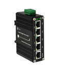 Tough Industrial Five Port Gigabit Ethernet Switch with Five RJ45 Ports, DIN Rail and Wall Mounts, 10 100 1000 Mbps, Black, Front View