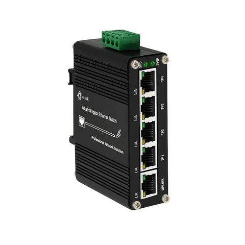 Tough Industrial Five Port Gigabit Ethernet Switch with Five RJ45 Ports, DIN Rail and Wall Mounts, 10 100 1000 Mbps, Black, Front View