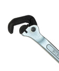 Close-up of Badass Slim Pipe Wrench Built For Tight Squeezes And Overhead Runs with forged steel jaws gripping a pipe.