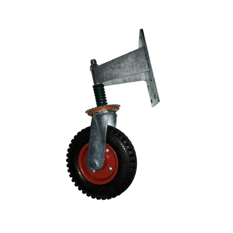 Heavy Duty Red Rubber Gate Caster Wheel Featuring Bounce Back Shock Spring And 600 Pound Load Rating For Seamless Universal Fence Glide System that shows red rubber wheel with spring.