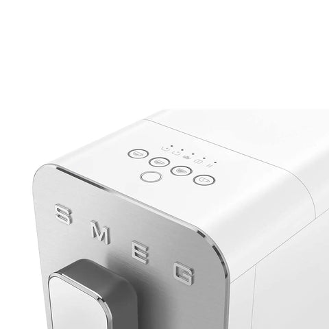 Close-up of Real Deal Fully Automatic Espresso Machine With Durable Steel Burr Grinder For Bold Whole Bean Coffee And No Fuss Brewing In Sleek Matte White Kitchen Essentials control panel.