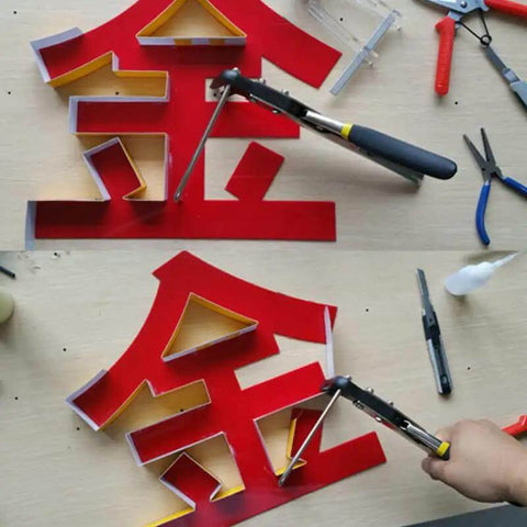 Angular Metal Folding Pliers for arc and angle bending on steel channel letters, showing crimping and edge molding process.