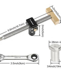 All Metal Bench Dog Clamp With Three Quarter Inch Quick Release Mechanism For Woodworking Mft Table And Workshops Heavy Duty Ratcheting Design comes with a wrench and dimensions shown.