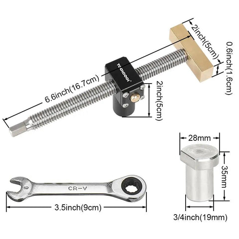 All Metal Bench Dog Clamp With Three Quarter Inch Quick Release Mechanism For Woodworking Mft Table And Workshops Heavy Duty Ratcheting Design comes with a wrench and dimensions shown.