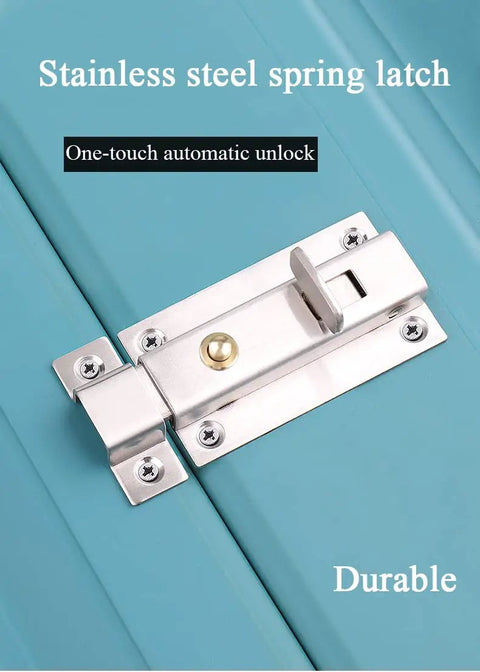 Heavy Duty Stainless Steel Gate Latch Rock Solid Sliding Spring Barrel Bolt With Brass Push Button smooth latch on blue surface