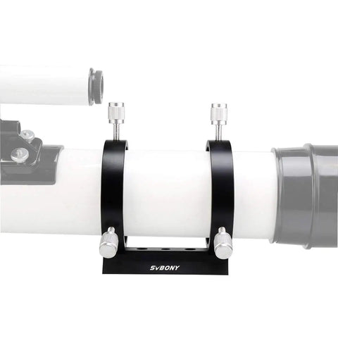 Guide Scope Ring Kit For Telescopes 43mm To 70mm, Metal Tube Rings With Mount Bar, attached to a white telescope tube