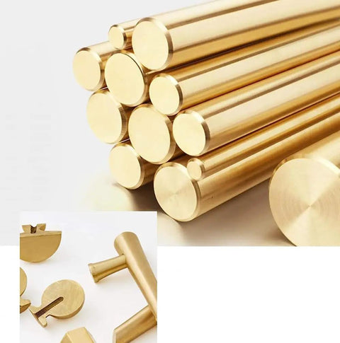 Solid Brass Cabinet Pulls Set Of 10 Round Brushed Brass Handles stacked in a pyramid shape, showing smooth surface finish