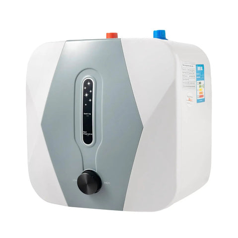Compact Electric Mini Tank Water Heater With Ridiculously Fast 1500W Instant Hot Output ideal for under sink placement, front view.