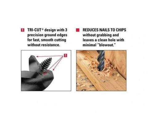 Close-up of Tri Cut Nail Chipper Auger Bit Seven Eighths Inch By Seven And A Half Inch With Three Cutting Edges demonstrating smooth drilling.