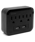 Three Outlet Wall Charger Extender With Built In Warm White LED Nightlight for travel home office dorm and car, black view.