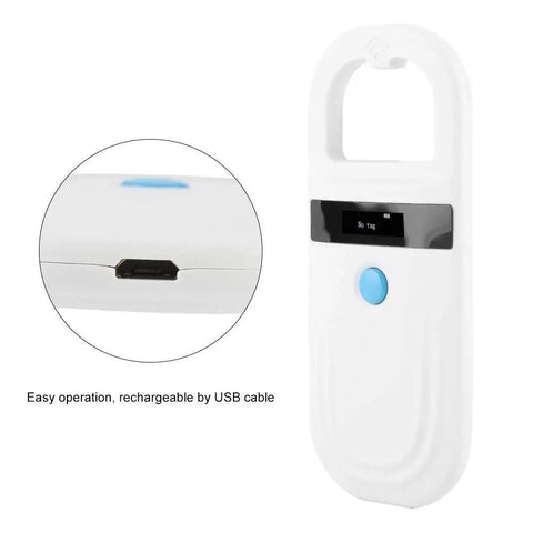 134.2KHz RFID Microchip Reader for Animals, Reads FDX-B ISO11784/11785 and EMID Chips, 0.91 Inch High Bright OLED Display, USB Type C Rechargeable Pet ID Scanner for On The Go Tracking showing USB port detail.