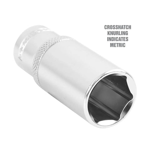 Close-up of 24 Piece Metric Socket Set With Deep And Shallow Sockets 8mm To 19mm Thin Wall Design for Tight Spaces, highlighting knurl grip.