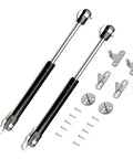 Two Pack Heavy Duty Black Gas Strut Lift Supports For Kitchen Cupboard Doors Smooth Hydraulic Hinge Springs and mounting hardware.