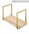 Heavy Duty Floating Shelf Brackets For Ceiling Or Wall Mount Premium Wrought Iron Pipe Frame With Matte Gold Plating showing installation for ceiling and wall use.