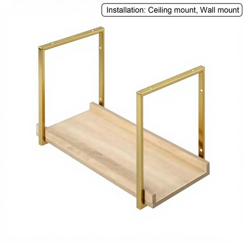 Heavy Duty Floating Shelf Brackets For Ceiling Or Wall Mount Premium Wrought Iron Pipe Frame With Matte Gold Plating showing installation for ceiling and wall use.