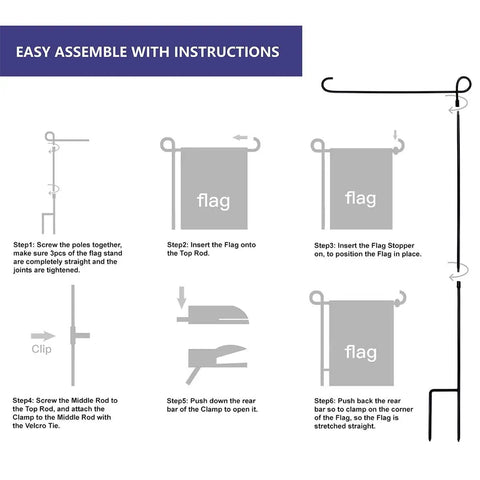 Easy assembly instructions for Premium Heavy Duty Garden Flag Holder Stand With Rugged All Weather Metal Flagpole And Secure Clip Included.