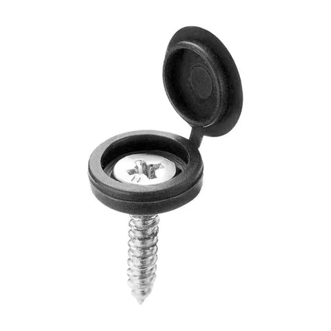 Fifty Piece Set Of Durable Plastic Screw Cap Covers For Furniture And Cabinets Featuring Slick Hidden Design That Gives A Tight Fit To Shield M4 Self Tapping Bolts And Conceal Messy Hardware For A Clean Finish showing a screw with black cap.
