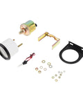 DriSentri 52mm 2-inch oil pressure gauge kit with sensor, gold mounting brackets, black bezel, and assorted nuts and washers