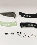 Disassembled Damascus Pocket Folding Knife With 3.26 Inch Sharp Blade and G10 Handle showing individual parts for assembly