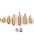 Brass M3 Standoffs And Fasteners Kit: 200 Pcs Of Threaded Spacers, Screws, Nuts For Electronics, 3D Printing, And DIY Projects, Damp-Proof And Tarnish-Resistant Finish For Secure, No-Fuss, Easy Assembly And Durable Builds. Brass M3 standoffs, screws, and nut set on white background