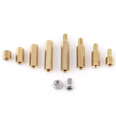 Brass M3 Standoffs And Fasteners Kit: 200 Pcs Of Threaded Spacers, Screws, Nuts For Electronics, 3D Printing, And DIY Projects, Damp-Proof And Tarnish-Resistant Finish For Secure, No-Fuss, Easy Assembly And Durable Builds. Brass M3 standoffs, screws, and nut set on white background