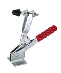 Heavy Duty Quick Release Vertical Toggle Clamp Kickass Workshop Tool Rock Solid Jaw Design with red handle and metal body.