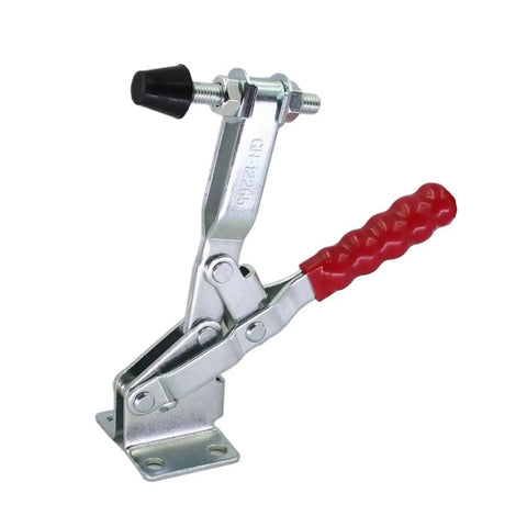 Heavy Duty Quick Release Vertical Toggle Clamp Kickass Workshop Tool Rock Solid Jaw Design with red handle and metal body.