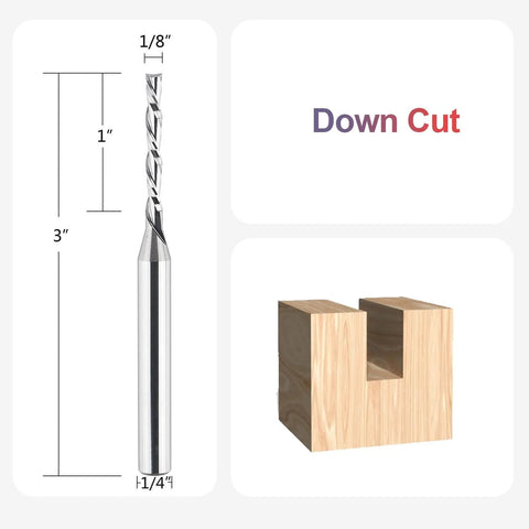 5-Piece Carbide Router Bit Set With 1/8 Inch Cutting Diameter And 1/4 Inch Shank Spiral Downcut CNC Bits, woodworking display