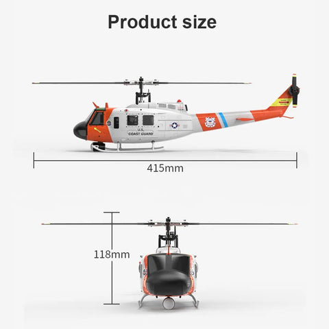 One Thirty Fourth Scale UH Huey RC Helicopter with GPS Positioning showing 415mm length and 118mm height dimensions.