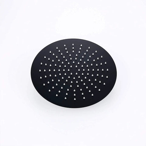 Rock Solid Matte Black Rainfall Shower Head System With Easy Thermostatic Temp Control And Heavy Duty Brass Handheld Spray Anti Mineral Nozzles, top view of shower head.