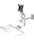 Boss Level Monitor Arm With Integrated Keyboard Tray, Straight Up Smooth Desk Mount For A Clean Workspace, Hella Sturdy Folding Tray side view with cable routing.
