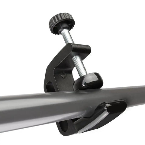 Universal C-Clamp Aluminum Desk Mount Holder Stand with 1/4 and 3/8 inch threads in use, close-up on black finish clamp mechanism