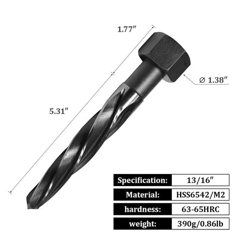 Heavy Duty Bridge Reamer Drill Bit Set For Metal M2 HSS, close-up of 13/16" spiral flute with dimensions and specifications