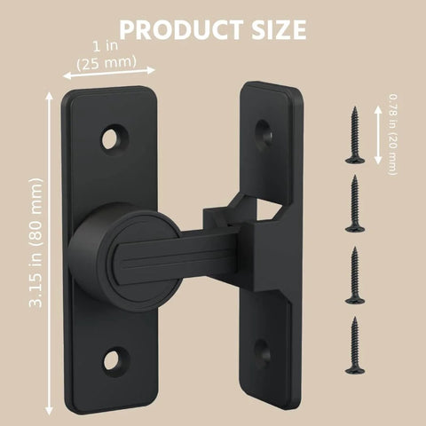 Side view of black 90 Degree Zinc Alloy Barn Door Lock Latch with screws, showing product dimensions.
