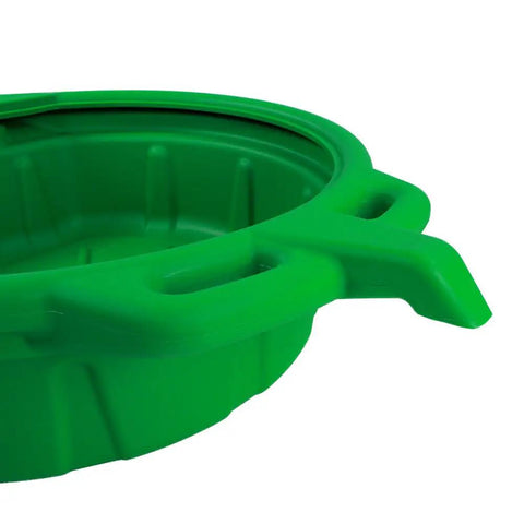 Portable Oil Drain Pan For Cars And Fluids Anti Freeze Green With A Large Opening And Anti Splash Lip shown in close-up