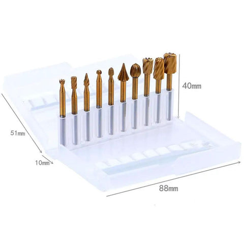 10 Piece Long Double Cut Tungsten Carbide Burr Set Pro Grade With One Eighth Inch Shank For Die Grinder And Rotary Tool Diamond Burs For Wood Carving Engraving And Metal Work Forty Millimeter Length Gold in 10-piece case