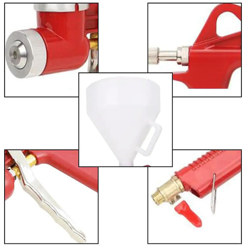 Close-up images of Top Shelf Drywall Texture Sprayer With Generous 0 79 Gallon Hopper showcasing nozzle, grip, and funnel details.