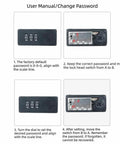 User manual instructions for keyless mechanical combination lock showing password change steps and locking mechanism details.