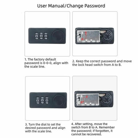 User manual instructions for keyless mechanical combination lock showing password change steps and locking mechanism details.