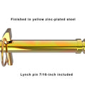 Side view of Three Point Tractor Hitch Pins Built Tough for the Farm Heavy Duty Mild Steel Four Inch Usable Length Five and a Half Inch Overall Length Three Quarter Inch Diameter Includes Lynch Pin For Category One Tractors Five Pack, yellow zinc-plated.