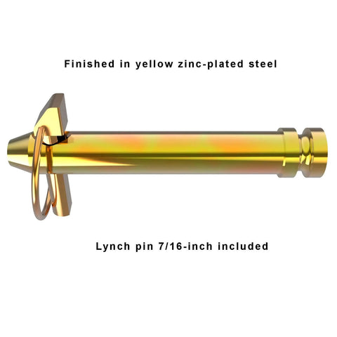 Side view of Three Point Tractor Hitch Pins Built Tough for the Farm Heavy Duty Mild Steel Four Inch Usable Length Five and a Half Inch Overall Length Three Quarter Inch Diameter Includes Lynch Pin For Category One Tractors Five Pack, yellow zinc-plated.