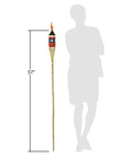 Americana Patriotic Bamboo Torch For Backyard Lighting With FlameKeeper Technology 57 Inch Outdoor Torch Includes Refillable Wide Mouth Fuel Canister Durable Fiberglass Wick Handcrafted Bamboo Snuffer Cap Single Torch next to silhouette for size comparison.