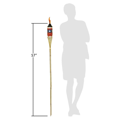 Americana Patriotic Bamboo Torch For Backyard Lighting With FlameKeeper Technology 57 Inch Outdoor Torch Includes Refillable Wide Mouth Fuel Canister Durable Fiberglass Wick Handcrafted Bamboo Snuffer Cap Single Torch next to silhouette for size comparison.