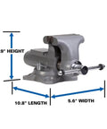 Rock Solid 6 Inch Heavy Duty Bench Vise Packing 9900 Lb Bite With Durable Steel Rails, dimensions: 5.9" height, 10.8" length, 5.6" width.