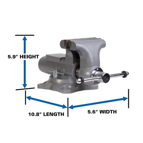 Rock Solid 6 Inch Heavy Duty Bench Vise Packing 9900 Lb Bite With Durable Steel Rails, dimensions: 5.9" height, 10.8" length, 5.6" width.