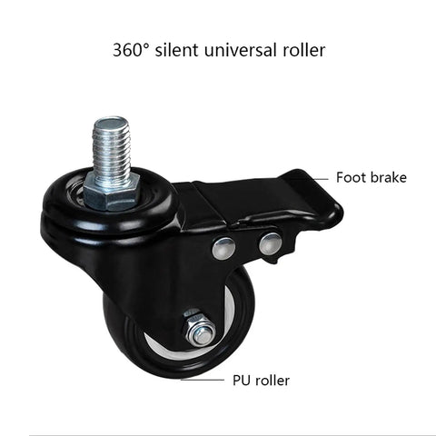Detailed view of a 360° silent universal roller with foot brake, designed for Heavy Duty Triple Monitor Rolling Cart.