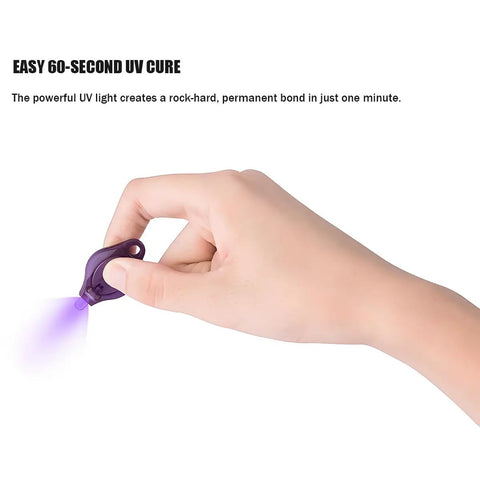 Hand using UV light in the Ultimate Fishing Rod Tip Repair Kit With UV Light And Glue, Quick Fix For Broken Rods, Complete Pole Tip Replacement Set.