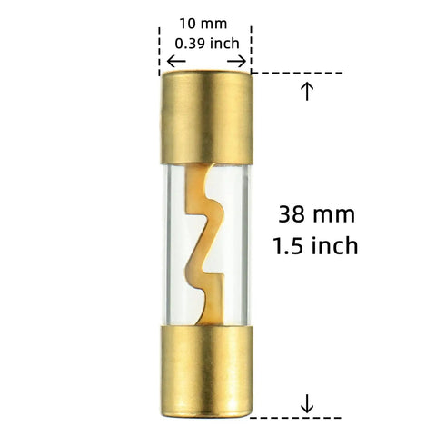 Heavy Duty In Line AGU Fuse Holder With 60 Amp Fuses For 4 To 8 Gauge Wire, glass fuse with gold ends, small size, 38 mm length.